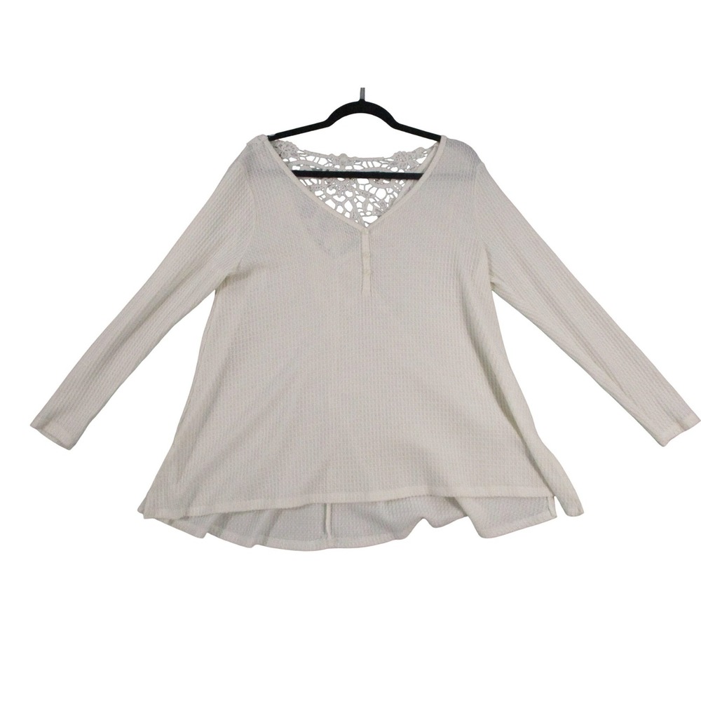 Boho Cream Waffle Knit Thermal Top‎ with Crochet Lace Back Inset Long Sleeve